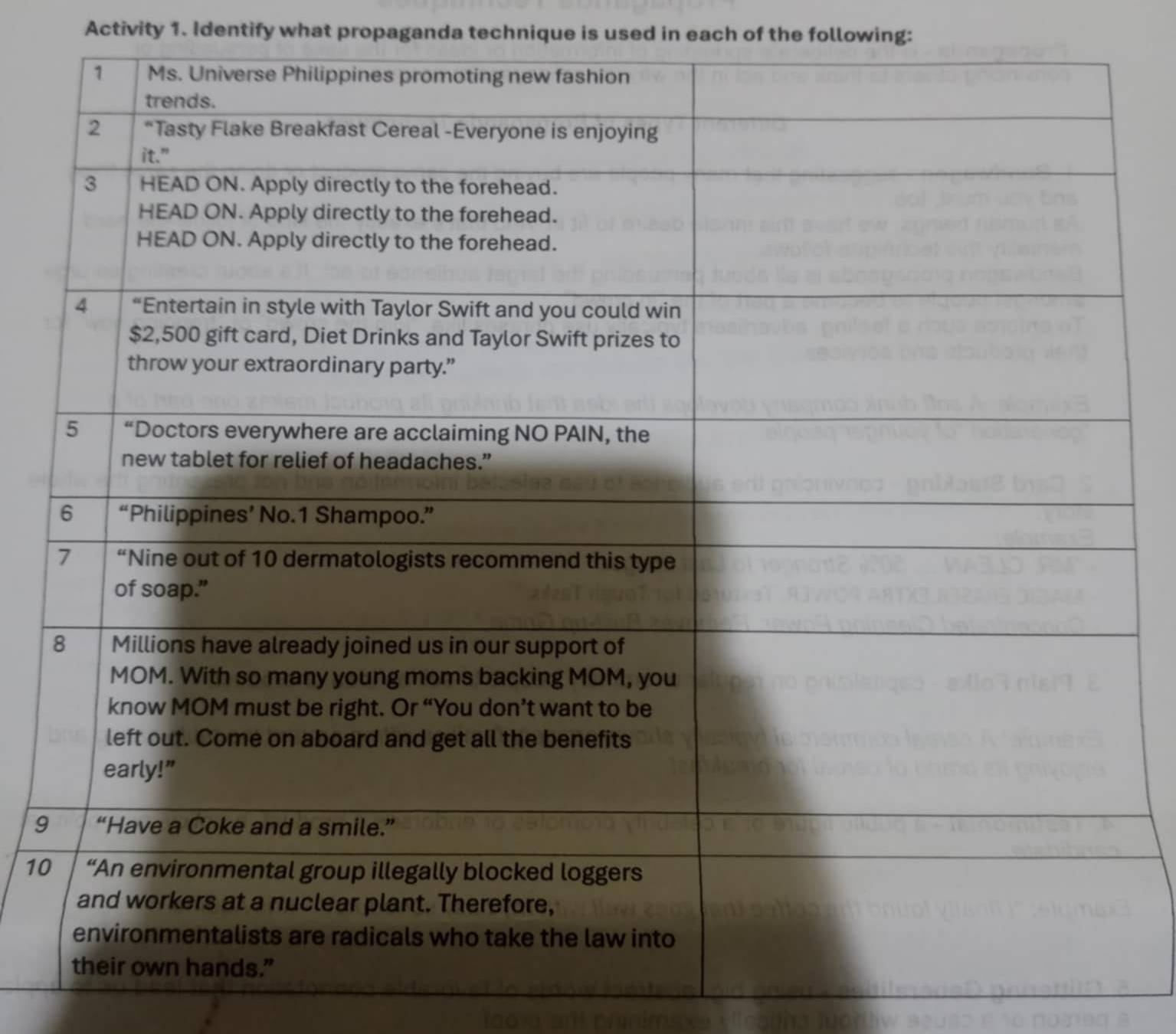 Activity 1. Identify what propaganda technique is used in each of the following: 
9 
10