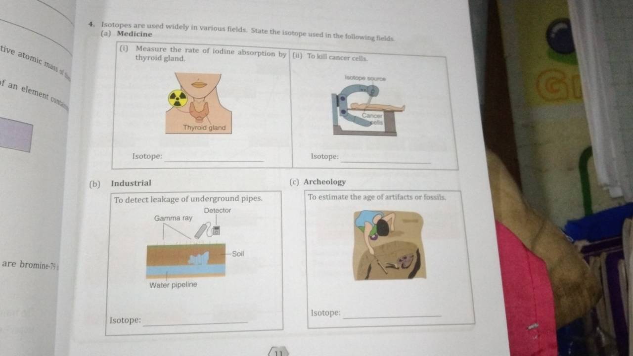 Isotopes are used widely in various fields. State the isotope used in the following fields 
(a) Medicine 
(i) Measure the rate of iodine absorption by (ii) To kill cancer cells. 
thyroid gland. 
tive atomic mass of 
isotope source 
f an element conta 
Thyroid gland 
Isotope:_ Isotope:_ 
(b (c) Archeology 
To estimate the age of artifacts or fossils. 
are bromine- 79
Isotope:_Isotope:_ 
11