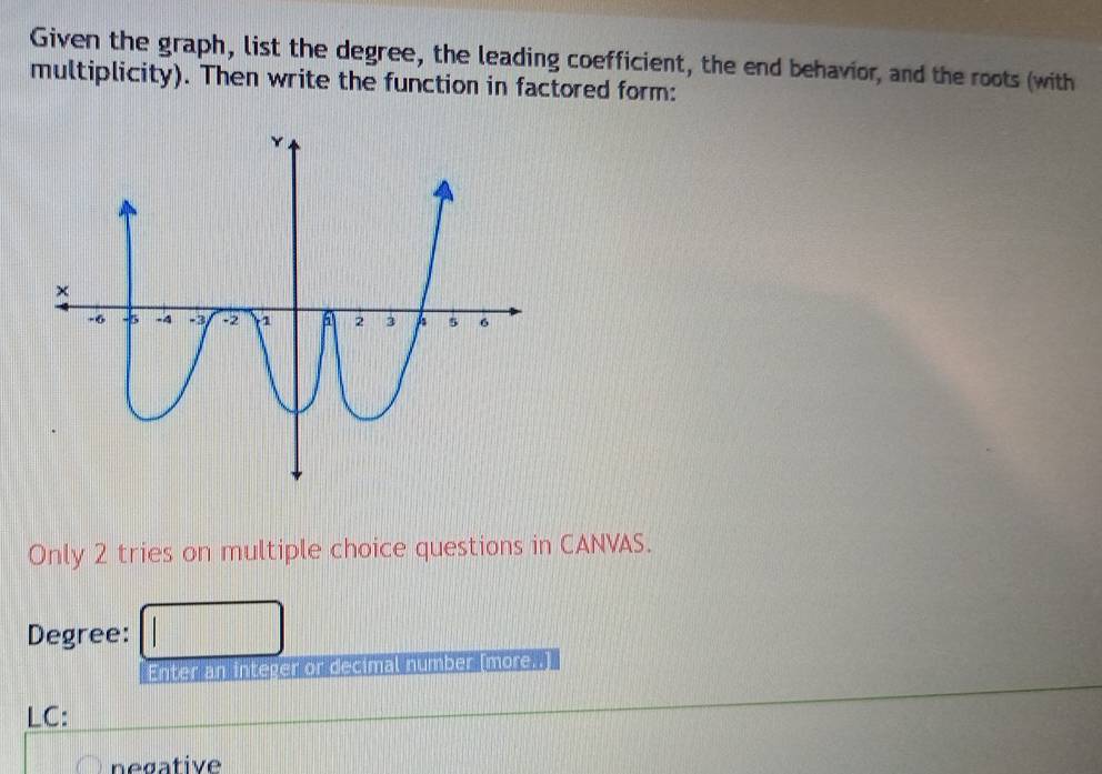 Given the graph, list the degree, the leading coefficient, the end behavior, and the roots (with 
multiplicity). Then write the function in factored form: 
Only 2 tries on multiple choice questions in CANVAS. 
Degree: □ 
Enter an integer or decimal number (more. I 
LC: 
negative