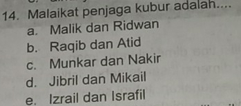 Malaikat penjaga kubur adalah....
a. Malik dan Ridwan
b. Raqib dan Atid
c. Munkar dan Nakir
d. Jibril dan Mikail
e. Izrail dan Israfil