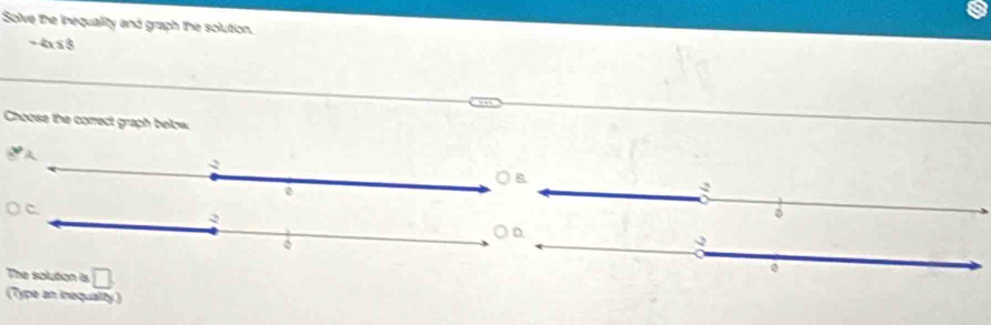 Solve the inequality and graph the solution.
- 4x≤ 8
Choose the correct graph below 
The soluton is □ 
(Type an insqually)
