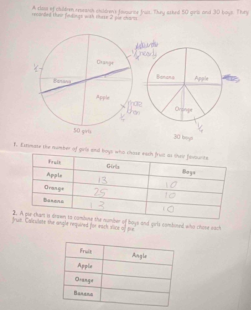 A class of children research children's favourite fruit. They asked 50 girls and 30 boys. They 
recorded their findings with these 2 pie charts 
Orange 
Banana 
Banana Apple 
Apple Mare 
an 
Orange
50 girls 30 boys 
1. Estimate the number of girls and 
2er of boys and girls combined who chose each 
fr Calculate the angle required for each slice of pie