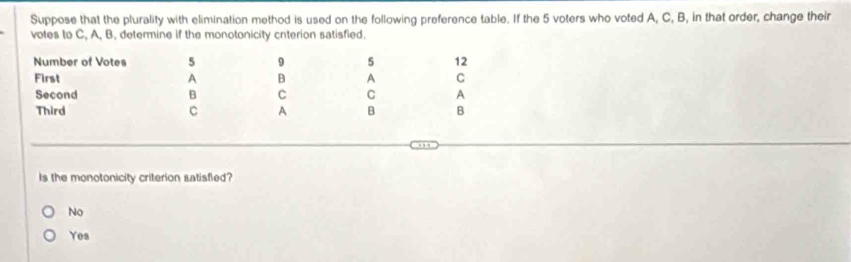 Suppose that the plurality with elimination method is used on the following preference table. If the 5 voters who voted A, C, B, in that order, change their
votes to C, A, B, determine if the monotonicity cnterion satisfied.
Is the monotonicity criterion satisfied?
No
Yes