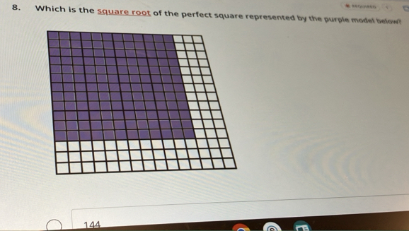 Which is the square root of the perfect square represented by the purple model below?
144