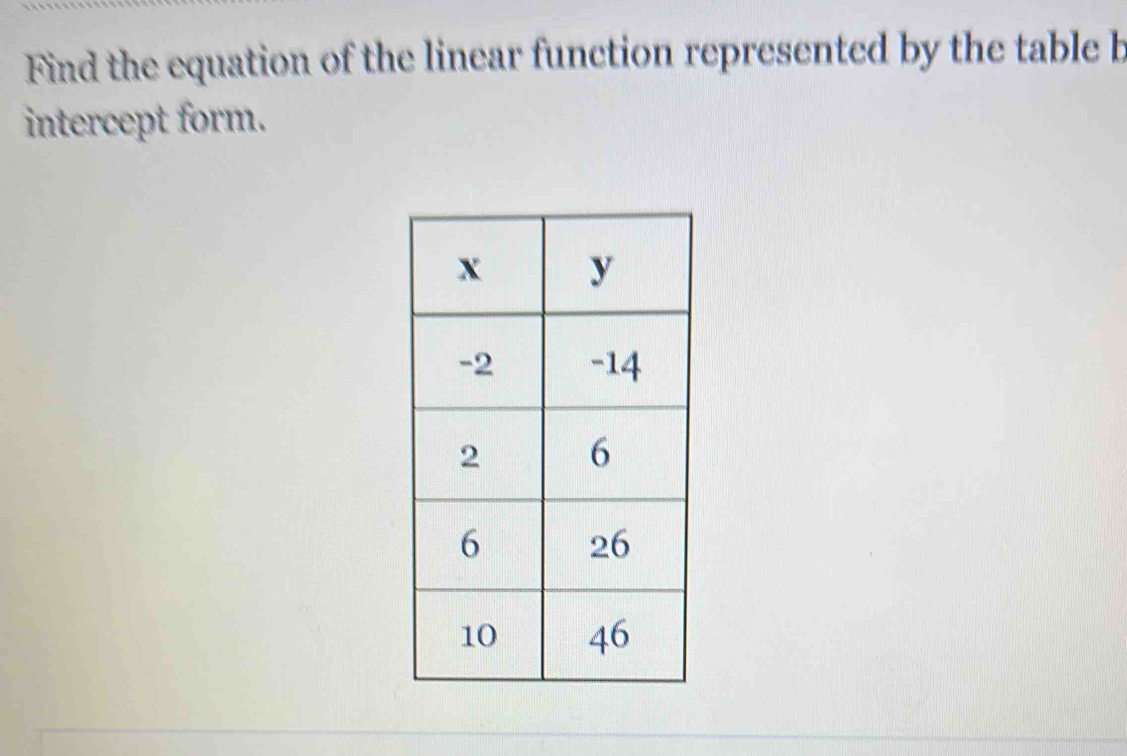 Find the equation of the linear function represented by the table b 
intercept form.