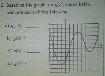 Based on the graph y=g(x) shown below, 
evaluate each of the following. 
a) g(-2)= _ 
b) g(0)= _ 
c) g(3)= _ 
d) g(7)= _