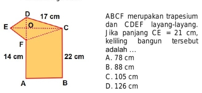 ABCF merupakan trapesium
dan CDEF layang-layang.
J ika panjang CE=21cm, 
keliling bangun tersebut
adalah ...
A. 78 cm
B. 88 cm
C. 105 cm
D. 126 cm