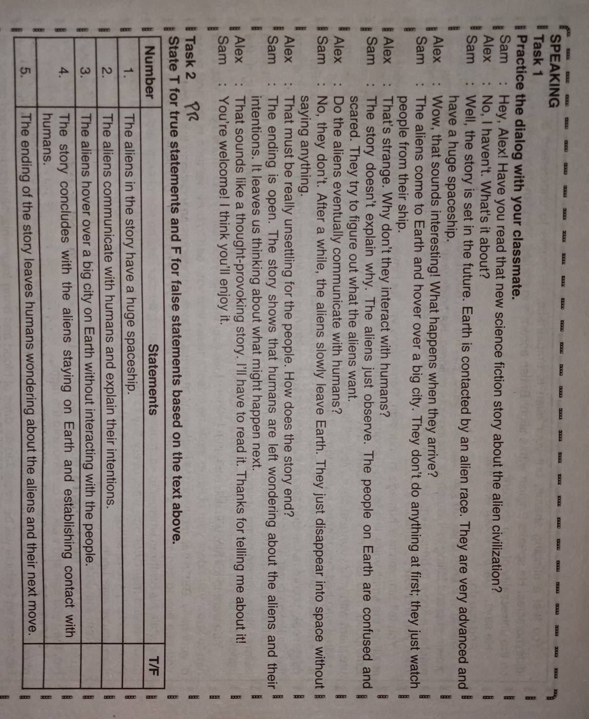 xx …∞ ncoe 
SPEAKING 
Task 1 
Practice the dialog with your classmate. 
Sam : Hey, Alex! Have you read that new science fiction story about the alien civilization? 
Alex : No, I haven't. What's it about? 
Sam : Well, the story is set in the future. Earth is contacted by an alien race. They are very advanced and 
have a huge spaceship. 
Alex . Wow, that sounds interesting! What happens when they arrive? 
Sam : The aliens come to Earth and hover over a big city. They don't do anything at first; they just watch 
people from their ship. 
Alex : That's strange. Why don't they interact with humans? 
Sam : The story doesn't explain why. The aliens just observe. The people on Earth are confused and 
scared. They try to figure out what the aliens want. 
Alex : Do the aliens eventually communicate with humans? 
Sam : No, they don't. After a while, the aliens slowly leave Earth. They just disappear into space without 
saying anything. 
Alex ： That must be really unsettling for the people. How does the story end? 
Sam The ending is open. The story shows that humans are left wondering about the aliens and their 
intentions. It leaves us thinking about what might happen next. 
Alex : That sounds like a thought-provoking story. I'll have to read it. Thanks for telling me about it! 
Sam : You're welcome! I think you'll enjoy it. 
Task 2 
State T for true statements and F for false statements based on the text above.