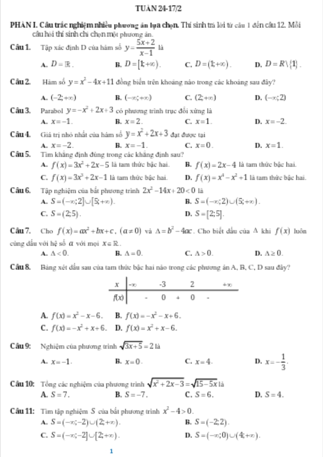 TUAN 24-17/2
PHAN I. Câu trắc nghiệm nhiều phương ăn lựa chọn. Thí sinh trả lời từ câu 1 đền câu 12. Mỗi
câu hỏi thí sinh chi chọn một phương ân.
Câu 1. Tập xác định D của hàm số y= (5x+2)/x-1  là
A. D=[]. B. D=[1;+∈fty ). C. D=(1,+∈fty ). D. D=Rvee  1 .
Câu 2. Hàm số y=x^2-4x+11 đồng biển trên khoảng nào trong các khoảng sau đây?
A. (-2;+∈fty ) B. (-∈fty ;+∈fty ) C. (2,+∈fty ) D. (-∈fty ;2)
Câu 3. Parabol y=-x^2+2x+3 có phương trình trục đổi xứng là
A. x=-1. B. x=2. C. x=1. D. x=-2.
Câu 4. Giả trị nhỏ nhất của hàm số y=x^2+2x+3 đạt được tại
A. x=-2. B. x=-1. C. x=0. D. x=1.
Câu 5. Tìm khẳng định đùng trong các khẳng định sau?
A. f(x)=3x^2+2x-5 là tam thức bậc hai. B. f(x)=2x-4 là tam thức bậc hai.
C. f(x)=3x^3+2x-1 là tam thức bậc hai. D. f(x)=x^4-x^2+1 là tam thức bậc hai.
Câu 6. Tập nghiệm của bắt phương trình 2x^2-14x+20<0</tex> là
A. S=(-∈fty ;2]∪ [5;+∈fty ). B. S=(-∈fty ;2)∪ (5;+∈fty ).
C. S=(2;5). D. S=[2;5].
Câu7. Cho f(x)=ax^2+bx+c,(a!= 0) và A=b^2-4ac. Cho biết dầu của A khi f(x) luān
cùng dầu với hệ số ā với mọi X∈ R.
A. △ <0. B. △ =0. C. △ >0. D. △ ≥ 0.
Câu 8. Bảng xét dầu sau của tam thức bậc hai nào trong các phương inA,B, , C, D sau đây?
A. f(x)=x^2-x-6. B. f(x)=-x^2-x+6.
C. f(x)=-x^2+x+6. D. f(x)=x^2+x-6.
Câu 9: Nghiệm của phương trình sqrt(3x+5)=21i
A. x=-1. B. x=0. C. x=4. D. x=- 1/3 .
Câu 10: Tổng các nghiệm của phương trình sqrt(x^2+2x-3)=sqrt(15-5x) là
A. S=7. B. S=-7. C. S=6. D. S=4.
Câu 11: Tìm tập nghiệm S của bắt phương trình x^2-4>0.
A. S=(-∈fty ,-2)∪ (2;+∈fty ). B. S=(-2;2).
C. S=(-∈fty ,-2]∪ [2;+∈fty ). D. S=(-∈fty ;0)∪ (4;+∈fty ).
1