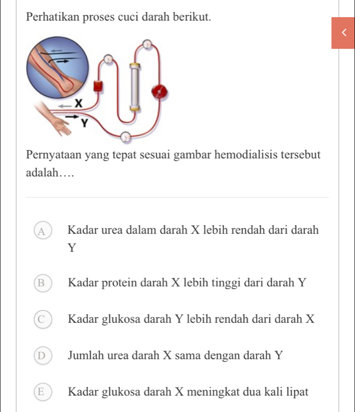 Perhatikan proses cuci darah berikut.
Pernyataan yang tepat sesuai gambar hemodialisis tersebut
adalah…
A Kadar urea dalam darah X lebih rendah dari darah
Y
B Kadar protein darah X lebih tinggi dari darah Y
C Kadar glukosa darah Y lebih rendah dari darah X
D Jumlah urea darah X sama dengan darah Y
E Kadar glukosa darah X meningkat dua kali lipat