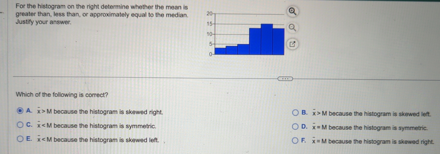 For the histogram on the right determine whether the mean is
greater than, less than, or approximately equal to the median. 
Justify your answer. 
Which of the following is correct?
A. overline x>M because the histogram is skewed right. B. overline x>M because the histogram is skewed left.
C. overline x because the histogram is symmetric. D. overline x=M because the histogram is symmetric.
E. overline x because the histogram is skewed left. F. overline x=M because the histogram is skewed right.