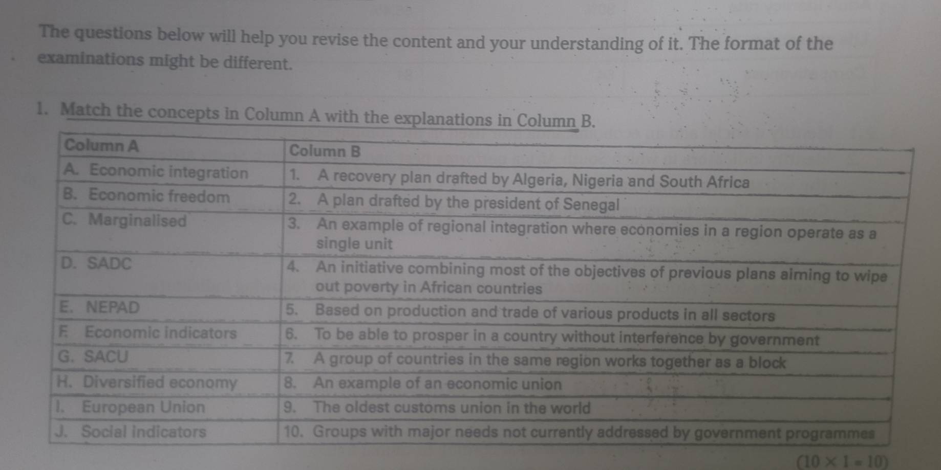 The questions below will help you revise the content and your understanding of it. The format of the 
examinations might be different. 
1. Match the concepts in Column A with
(10* 1=10)