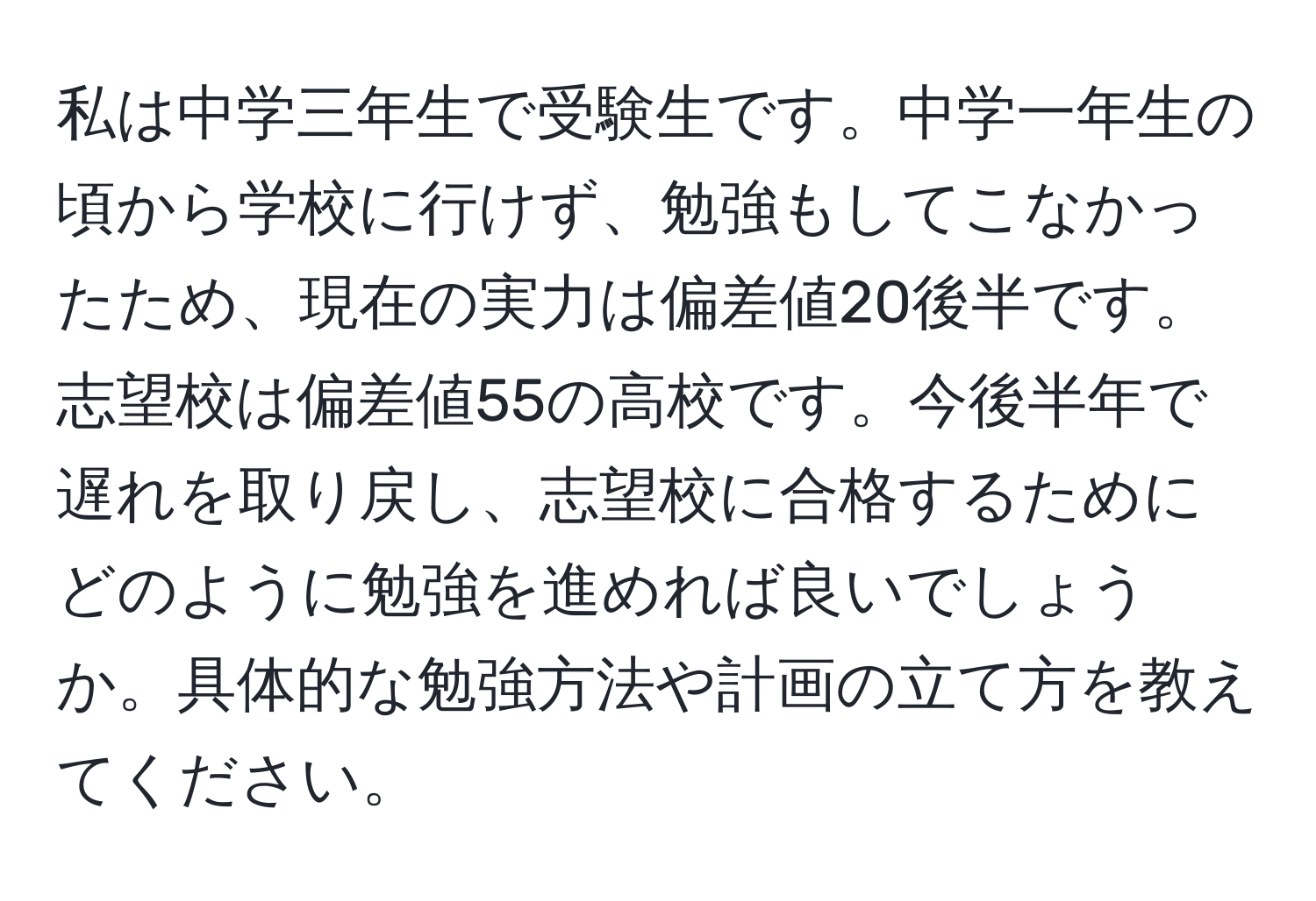 私は中学三年生で受験生です。中学一年生の頃から学校に行けず、勉強もしてこなかったため、現在の実力は偏差値20後半です。志望校は偏差値55の高校です。今後半年で遅れを取り戻し、志望校に合格するためにどのように勉強を進めれば良いでしょうか。具体的な勉強方法や計画の立て方を教えてください。