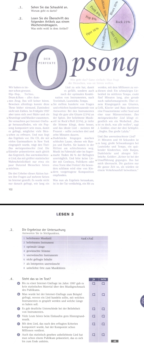 Sehen Sie das Schaubild an.
Worum geht es darin?
2 Lesen Sie die Überschrift des
folgenden Artikels aus einem
Wochenendmagazin.
Was steht wohl in dem Artikel?
P P ER F E K T E psong
D E R
Wie geht das? Ganz einfach: Man fragt
Wir haben es im- Lied zu sein hat, damit werden, mit dem Millionen zu ver
mer schon gewusst es gefällt. sondern auch üdienen sind: Ein schmalziges Lie
Hip-Hop, Techno, nach der optimalen Kombi- beslied im mittleren Tempo, exakt
nation von Instrumenten, nach fünf Minuten lang, also gerade
s mes Zeug. Das will keiner hören. Textinhalt, Lautstärke, Tempo. noch radioformatgerecht. Über ei-
Beweisen allerdings konnte diese ß Sie stellten hunderte von Fragen nem Klangteppich aus Gitarren
These bisher niemand. Zumindest und erhielten hunderttausende von «Celli. Klavier und Bass duettierer
nicht mit Zahlen. Im Frühjahr 1997 Antworten: Bei den Instrumenten eine Frauenstimme voller Soul und
aber taten sich zwei Maler und ein liegt die gute alte Gitarre (23%) an eine raue Männerstimme. Das
Neurologe und Musiker zusammen. der Spitze. Der beliebteste Musik- meistgewünschte Lied klingt ei
Sie versuchten per Internet-Umfra- üstil ist Rock'n'Roll (23%), ie tiefer gentlich wie ein Werbelied. _Das
ge herauszufinden, wie ein Pop- die Stimme klingt, desto besser, ist es doch, was alle wollen', sagt
es gelingt, möglichst viele Men- Prozent - sollte zwischen drei und  Jingles. Das große Lalala.''
i schen zu erfreuen. Und nun liegt zehn Minuten dauern  Und Das unerwünschteste Lied
das Ergebnis vor. Die CD, die mit 4 Dudelsäcke hingegen machen 21 Minuten und 59 Sekunden ist
vielen Gastmusikern in den Mtel:  Jos und aien Sie kamen in der 'es lang, großße Schwankungen bei
Das meistgewünschte Lied. Die Hitliste am schlechtesten weg. kender Kinderchor, viele Banjos,
Künstler präsentierten auch gleich  Musik im Fahrstuhl oder im Super-'Dudelsäcke'' und '' abrupte''Stil-
das Geerasci: großtergrahseicher ' machr unden 8640) der Befraßten  brüche. Goldier: Keiner ist bei der
Wahrscheinlichkeit nur etwa ein der mit Cowboys, Politikern oder ∞Uraufführung gegangen. Das hat
paar Dutzend Menschen hören etwa Texte über Ferien! Als beson- mich überrascht. Die guckten nu
die ganze Zeit so. als würden sie
as möchten. ders schlimm wird eine von Kin- einem Verkehrsunfall beiwohnen."
Die drei Urheber dieser Aktion hat- s dern vorgetragene Komposition
ten ihre Fragen auf mehrere Seiten empfunden
im Internet gestellt. Es wurde nicht Was nun als Ergebnis herauskam,
nur danach gefragt, wie lang ein ist in der Tat verdächtig, ein Hit zu
102
LESEN 3
_3_ Die Ergebnisse der Untersuchung
A Steht das so im Text? 
Bis zu einer Internet-Umfrage im Jahre 1997 gab es 
kein statistisches Material über den Musikgeschmack
des Publikums.
Man wurde bei der Internet-Umfrage zum Beispiel 
gefragt, wovon ein Lied handeln sollte, mit welchen
Instrumenten es gespielt werden und welche Länge
es haben soll
Es gab deutliche Unterschiede bei der Beliebtheit
von Instrumenten
Viele Leute hören beim Einkaufen gern Hintergrund-
musik
Mit dem Lied, das nach den erfragten Kriterien
komponiert wurde, hat der Komponist schon
Auch das statistisch gesehen unbeliebteste Lied hat
man schon einem Publikum präsentiert, das es sich
bis zum Ende anhörte. AB