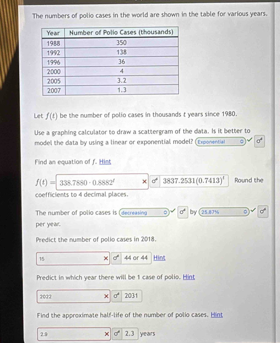 The numbers of polio cases in the world are shown in the table for various years. 
Let f(t) be the number of polio cases in thousands t years since 1980. 
Use a graphing calculator to draw a scattergram of the data. Is it better to 
model the data by using a linear or exponential model? (Exponential 。 sigma^4
Find an equation of f. Hint
f(t)=338.7880· 0.8882^t × sigma^6 3837.2531(0.7413)^t Round the 
coefficients to 4 decimal places. 
The number of polio cases is (decreasing 。 sigma^4 by 5.87%. 。 sigma^6
per year. 
Predict the number of polio cases in 2018. 
15 4 or 44 Hint 
× sigma^6 4
Predict in which year there will be 1 case of polio. Hint
2022 × sigma^6 2031
Find the approximate half-life of the number of polio cases. Hint
2.9 × sigma^4 2.3 years