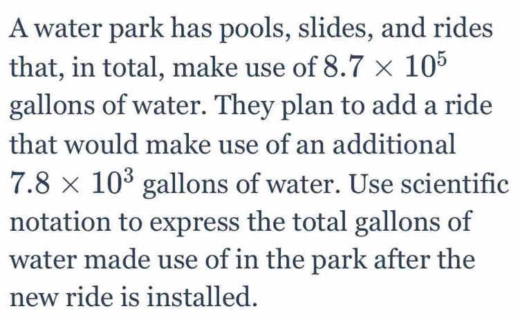 Solved: A water park has pools, slides, and rides that, in total, make ...