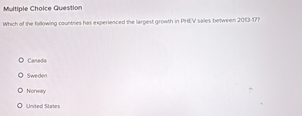 Question
Which of the following countries has experienced the largest growth in PHEV sales between 2013 - 17?
Canada
Sweden
Norway
United States