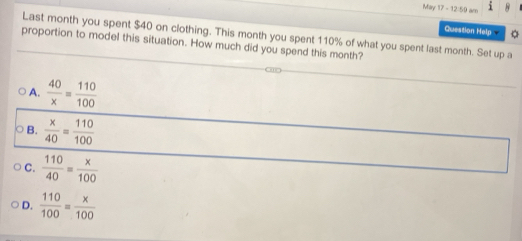 تم الحل:May 17 - 12:59 am i Question Help Last month you spent $40 on ...