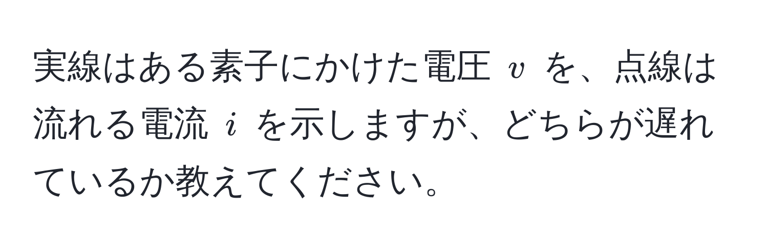 実線はある素子にかけた電圧 $v$ を、点線は流れる電流 $i$ を示しますが、どちらが遅れているか教えてください。