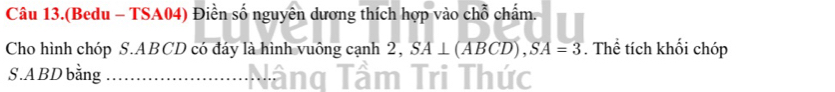 Câu 13.(Bedu - TSA04) Điền số nguyên dương thích hợp vào chỗ chấm. 
Cho hình chóp S. ABCD có đáy là hình vuông cạnh 2, SA⊥ ( ABCD), SA=3. Thể tích khối chóp 
S. ABD bằng