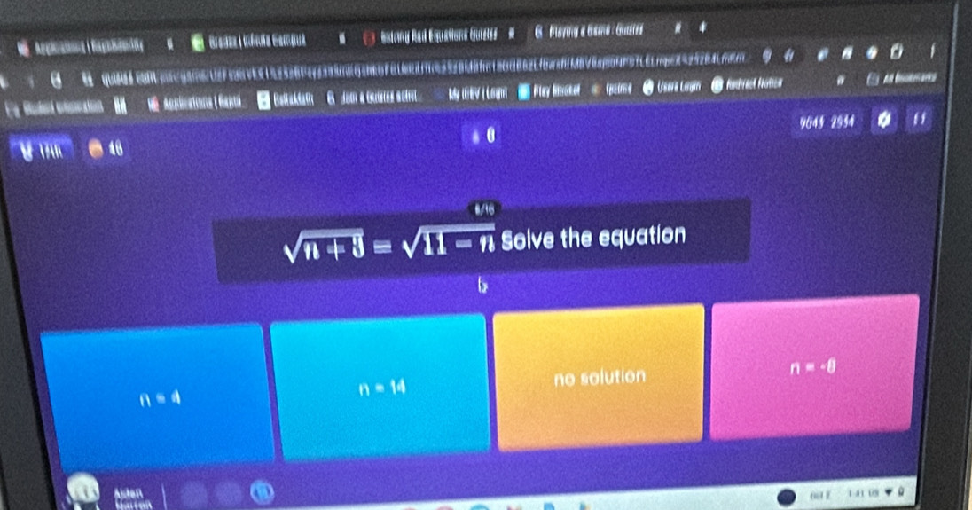 Ssiony Rad Equations Quisiss= Fisying & Game : Guizies
O quuscongaRUFNVEr1 93526f473338EG3NRGFBLRA43528f8f18cc862Lf0w2fM878ap0ff5tLElfqe7=252a4f!
En Bubel ecatin e licationa I Gatil ' Baltakdamn B Jom a Gueres acfret My IEV | Ligh lay Base (ainse * Usera Lergia fonférect fraton E bnr ao
0 9045 2934 6
sqrt(n+3)=sqrt(11-n) Solve the equation
n=4 no solution n=-8
n=14
Akden 68z 141 09