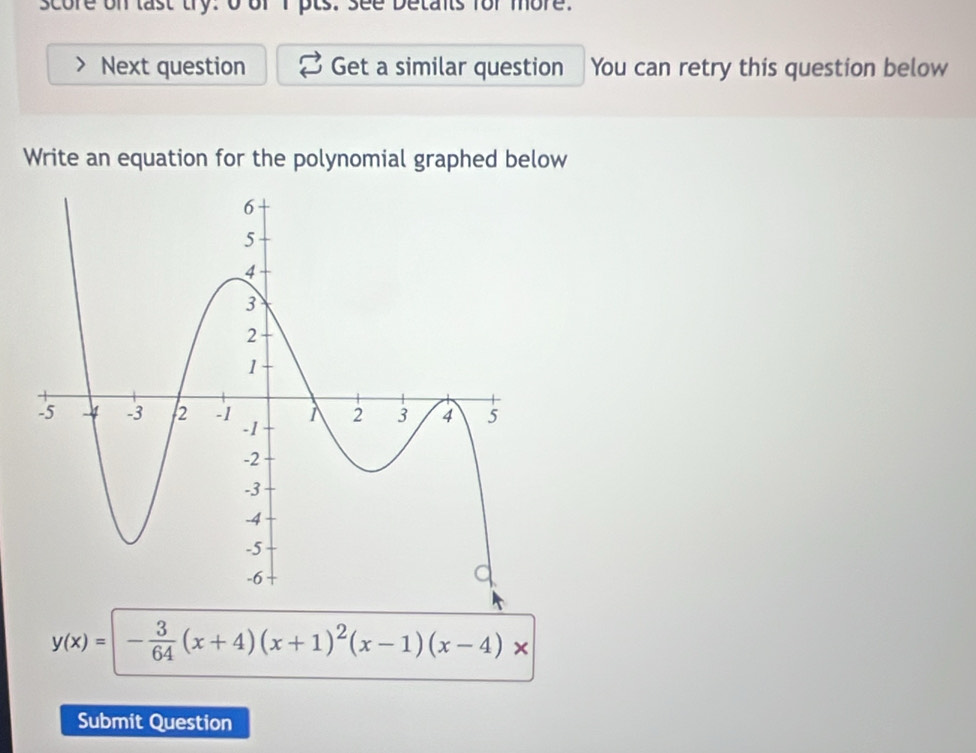 score on last try. o e D e ta ns for mor e . 
Next question Get a similar question You can retry this question below 
Write an equation for the polynomial graphed below
y(x)=|- 3/64 (x+4)(x+1)^2(x-1)(x-4)*
Submit Question