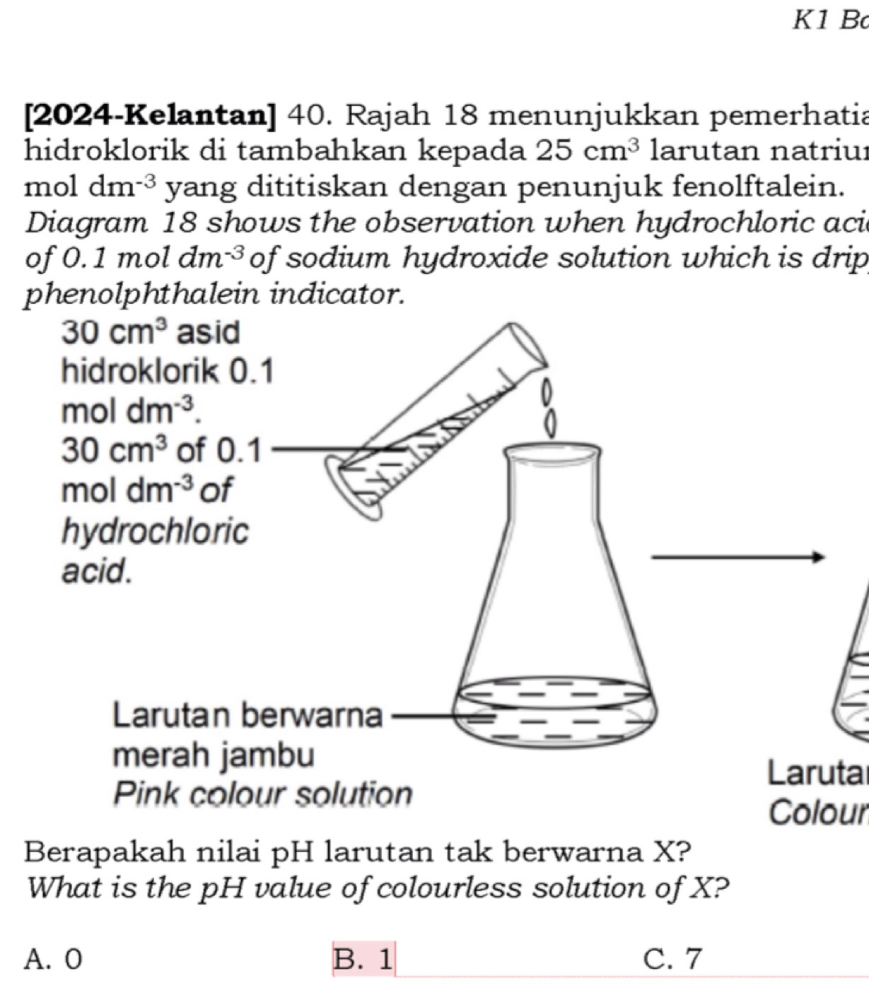 K1 B
[2024-Kelantan] 40. Rajah 18 menunjukkan pemerhatia
hidroklorik di tambahkan kepada 25cm^3 larutan natriur
mol dm^(-3) yang dititiskan dengan penunjuk fenolftalein.
Diagram 18 shows the observation when hydrochloric aci
of 0.1 mol dm^(-3) of sodium hydroxide solution which is drip
phenolphthalein indicator.
Laruta
Colour
Berapakah nilai pH larutan tak berwarna X?
What is the pH value of colourless solution of X?
A. 0 B. 1 C. 7