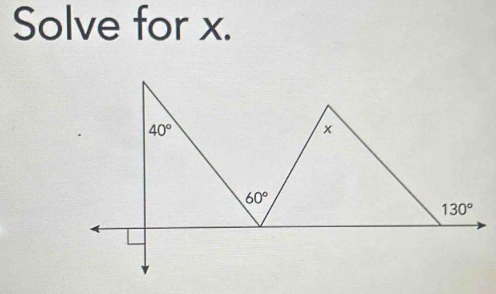 Solve for x.
40°
x
60°
130°