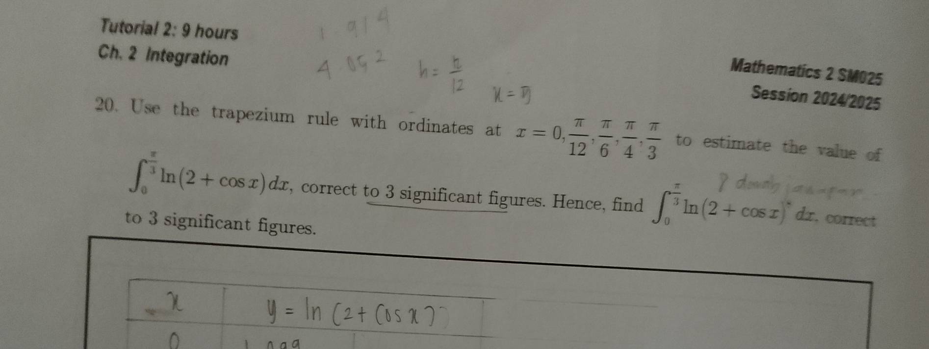 Tutorial 2: 9 hours 
Ch. 2 Integration 
Mathematics 2 SM025 
Session 2024/2025 
20. Use the trapezium rule with ordinates at x=0,  π /12 ,  π /6 ,  π /4 ,  π /3  to estimate the value of
∈t _0^((frac π)3)ln (2+cos x)dx , correct to 3 significant figures. Hence, find ∈t _0^((frac π)3)ln (2+cos x)^circ  d: r.correct 
to 3 significant figures.