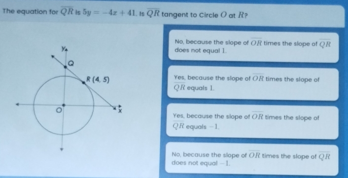 The equation for overline QR is 5y=-4x+41.. Is overline QR tangent to Circle O at R?
No, because the slope of overline OR times the slope of overline QR
does not equal 1.
Yes, because the slope of overline OR times the slope of
overline QR equals 1.
Yes, because the slope of overline OR times the slope of
QR equals -1.
No, because the slope of overline OR times the slope of overline QR
does not equal −1.