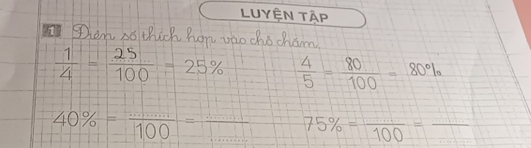 LUYEN TAP 
then so thich hon vao cho cham
 1/4 = 25/100 =25%
 4/5 = 80/100 =80%
40% = (.......)/100 = __ 
_ 75% =frac 100=frac 