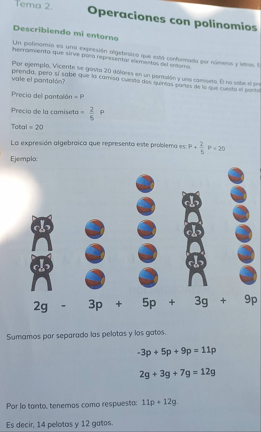 Tema 2. Operaciones con polinomios
Describiendo mi entorno
Un polinomio es una expresión algebraica que está conformada por números y letras. El
herramienta que sirve para representar elementos del entorno.
Por ejemplo, Vicente se gasta 20 dólares en un pantalón y una camiseta. El no sabe el pre
vale el pantalón?
prenda, pero sí sabe que la camisa cuesta dos quintas partes de lo que cuesta el panta
Precio del pantalón =P
Precio de la camiseta = 2/5 F
Total =20
La expresión algebraica que representa este problema es: P+ 2/5  P=20
Ejemplo:
Sumamos por separado las pelotas y los gatos.
-3p+5p+9p=11p
2g+3g+7g=12g
Por lo tanto, tenemos como respuesta: 11p+12g.
Es decir, 14 pelotas y 12 gatos.