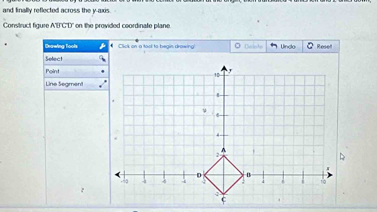 and finally reflected across the y-axis. 
Construct figure A'B'C'D' on the provided coordinate plane. 
Drawing Tools Click on a tool to begin drawing Delete Undo Reset 
Select 
Point 
Line Segment