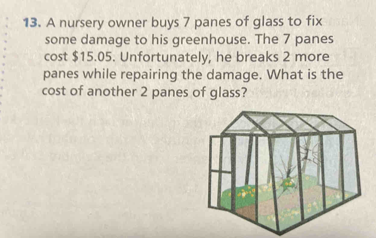 A nursery owner buys 7 panes of glass to fix 
some damage to his greenhouse. The 7 panes 
cost $15.05. Unfortunately, he breaks 2 more 
panes while repairing the damage. What is the 
cost of another 2 panes of glass?