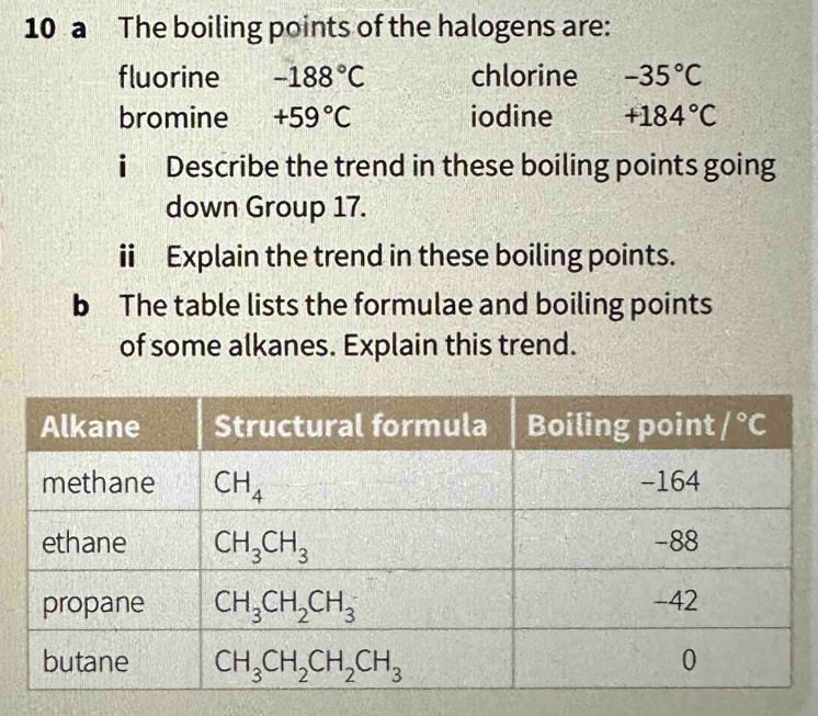 แก้ไขแล้ว:a The boiling points of the halogens are: fluorine -188°C ...