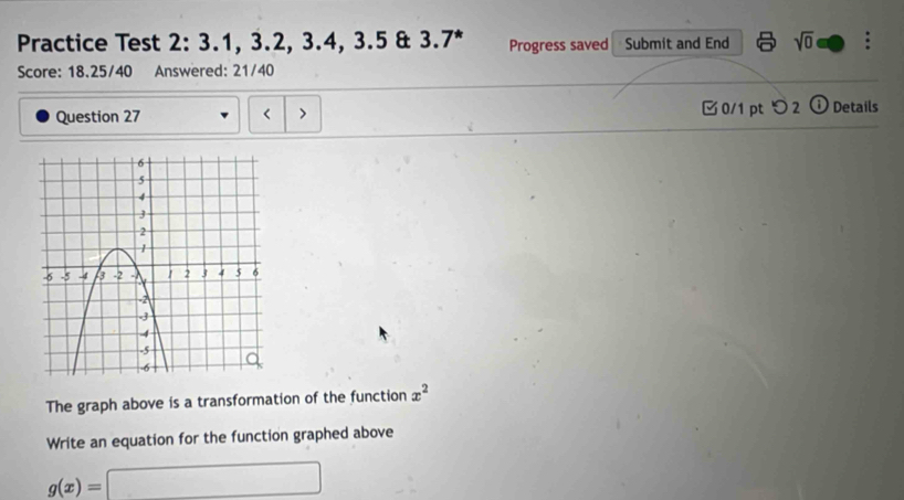 Practice Test 2: 3.1, 3.2, 3.4, 3.5 & 3.7* Progress saved Submit and End sqrt(0) : 
Score: 18.25/40 Answered: 21/40 
Question 27 < > 0/1 pt つ 2 0 Details 
The graph above is a transformation of the function x^2
Write an equation for the function graphed above
g(x)=□