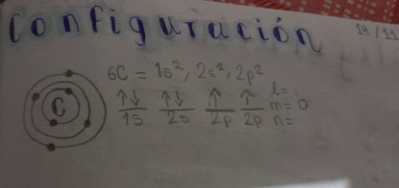 configuracion
6c=1s^2, 2s^2, 2p^2
l=
C
 1downarrow /15  1/20  N/2P  T/2P  m=0
n=