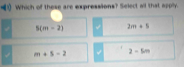 Which of these are expressions? Select all that apply.
5(m-2)
2m+5
m+5=2
2-5m