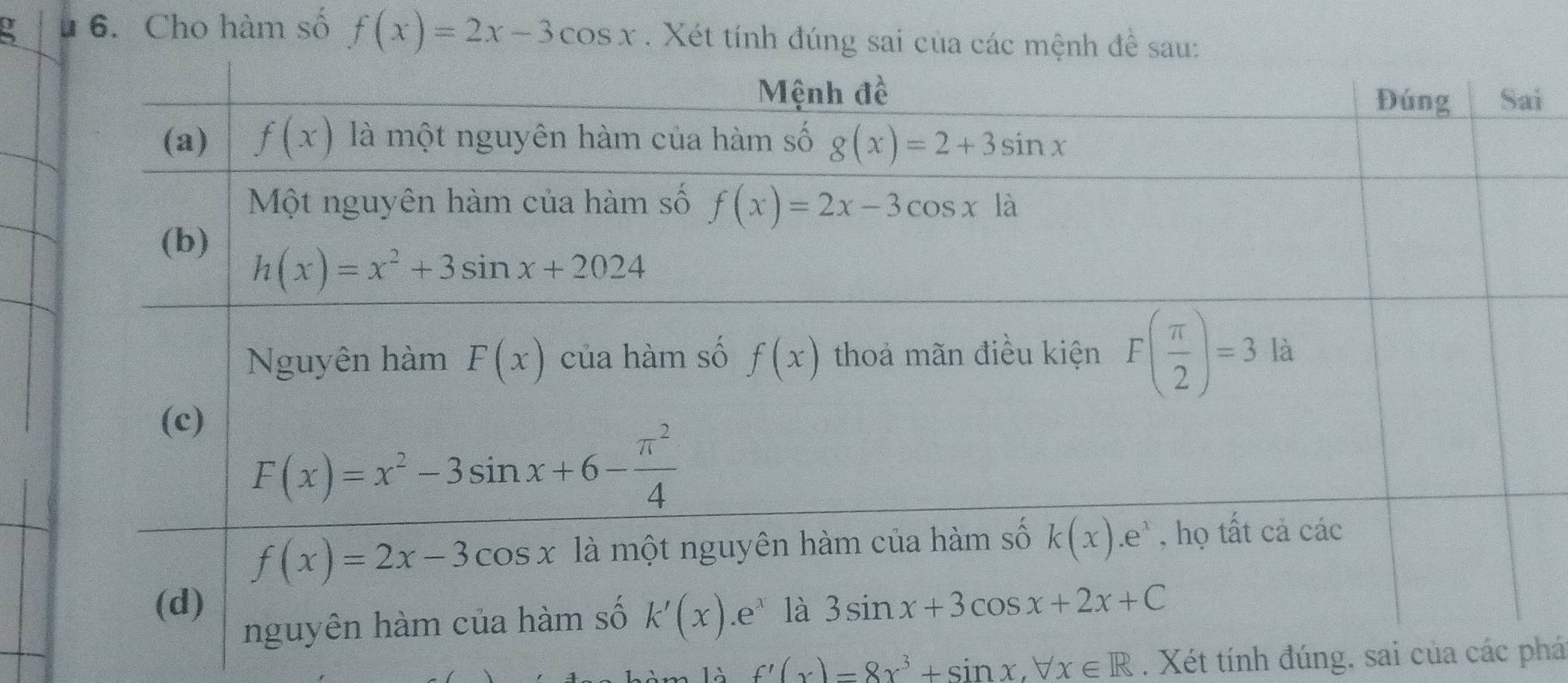 Cho hàm số f(x)=2x-3cos x
i
1 à f'(x)=8x^3+sin x,forall x∈ R. Xét tính đúng, sai của các phá