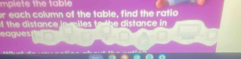 mplete the table 
or each column of the table, find the ratio 
of the distance in-miles to the distance in 
eagues