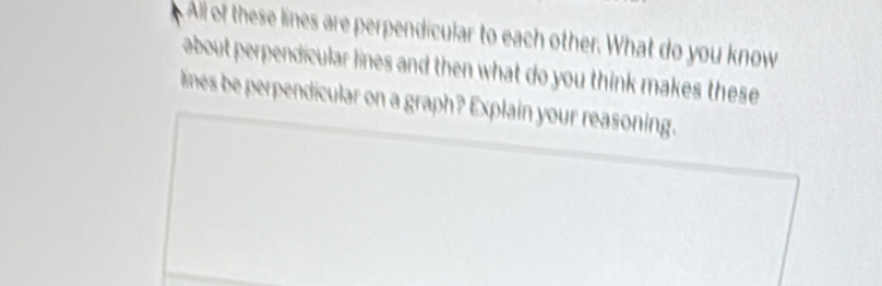 All of these lines are perpendicular to each other. What do you know 
about perpendicular lines and then what do you think makes these 
lines be perpendicular on a graph? Explain your reasoning.