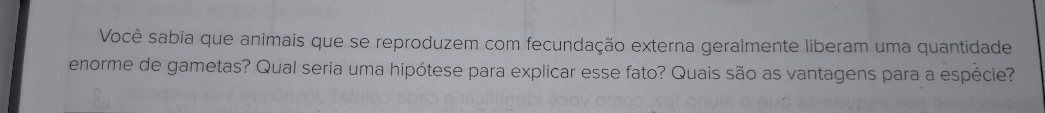 Você sabia que animais que se reproduzem com fecundação externa geralmente liberam uma quantidade 
enorme de gametas? Qual seria uma hipótese para explicar esse fato? Quais são as vantagens para a espécie?