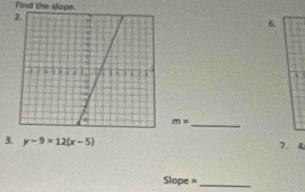 Find the slope. 
6.
m= _ 
3. y-9=12(x-5) 7、 4 
Slope =_