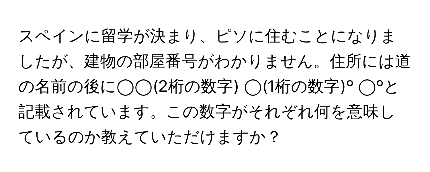 スペインに留学が決まり、ピソに住むことになりましたが、建物の部屋番号がわかりません。住所には道の名前の後に◯◯(2桁の数字) ◯(1桁の数字)° ◯°と記載されています。この数字がそれぞれ何を意味しているのか教えていただけますか？