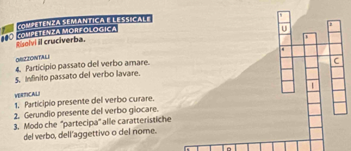 COMPETENZA SEMANTICA E LESSICALE 
U 2 
O COMPETENZA MORFOLOGICA 1 
Risolvi il cruciverba. 
3 
ORIZZONTALI 
4. Participio passato del verbo amare. 
C 
5. Infinito passato del verbo lavare. 
| 
VERTICALI 
1. Participio presente del verbo curare. 
2. Gerundio presente del verbo giocare. 
3. Modo che “partecipa” alle caratteristiche 
del verbo, dell’aggettivo o del nome. 
D