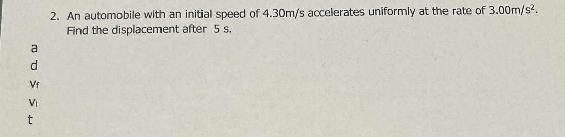 An automobile with an initial speed of 4.30m/s accelerates uniformly at the rate of 3.00m/s^2. 
Find the displacement after 5 s.
a
d
V_
V_i
t