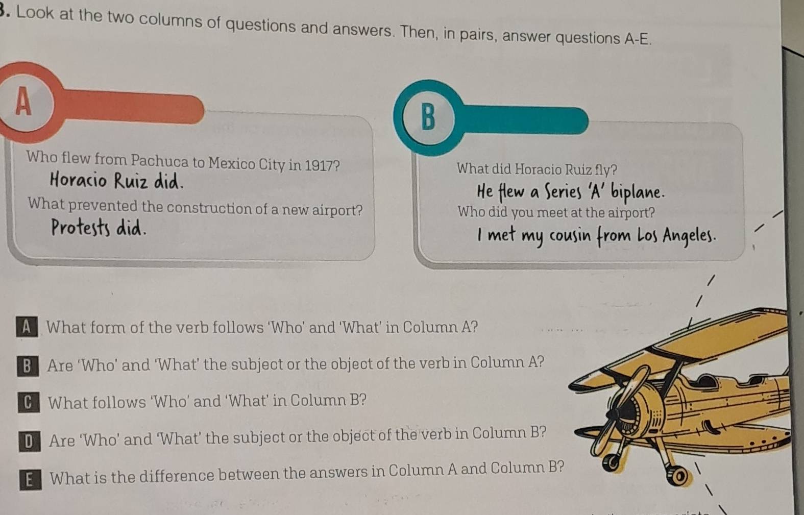 Look at the two columns of questions and answers. Then, in pairs, answer questions A-E.
A
B
Who flew from Pachuca to Mexico City in 1917? What did Horacio Ruiz fly?
What prevented the construction of a new airport? Who did you meet at the airport?
A What form of the verb follows ‘Who’ and ‘What’ in Column A?
B Are ‘Who’ and ‘What’ the subject or the object of the verb in Column A?
C What follows ‘Who’ and ‘What’ in Column B?
D Are ‘Who’ and ‘What’ the subject or the object of the verb in Column B?
E What is the difference between the answers in Column A and Column B