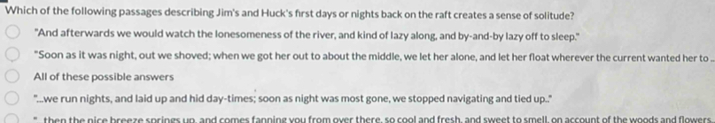 Which of the following passages describing Jim's and Huck's first days or nights back on the raft creates a sense of solitude?
"And afterwards we would watch the lonesomeness of the river, and kind of lazy along, and by-and-by lazy off to sleep."
"Soon as it was night, out we shoved; when we got her out to about the middle, we let her alone, and let her float wherever the current wanted her to .
All of these possible answers
"...we run nights, and laid up and hid day-times; soon as night was most gone, we stopped navigating and tied up.."
then the nice breeze springs up, and comes fanning you from over there, so cool and fresh, and sweet to smell, on account of the woods and flowers