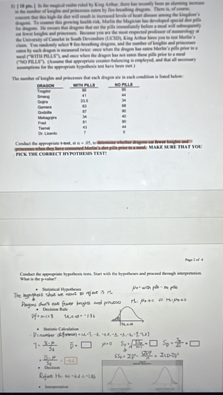 [10 prs. ] In the magical realm ruled by King Arthur, there has recently hom an alarming incruse 
in the number of knighm and princeses eaten by fire-breathing dragons. There is, of course. 
concern that this high-fat diet will result in increased levels of heart disease among the kingdom's 
dragons. To counter this growing health risk, Merlin the Magician has developed special diet pulla 
for dragons. He swears that dragons that eat the pills immediately before a meal will subsoquently 
est fewer knights and princesses. Decause you are the most respected professor of numerology at 
the University of Camelst in South Devanshire (UCSD), King Arthur hires you to test Merlin's 
claim. You randomly select 9 fire-breathing dragons, and the number of knights and princesses 
eten by each dragon is measured twice: once when the dragon has eaten Merlin's pills prior to a 
meal ('''WTTH PILLS'''), and once when the dragon has not eaten these pills prior to a meal 
('''NO PILLS''). (Assume that appropriate counter-balancing is employed, and that all necessary 
essumptions for the appropriate hypothesis test have been met.) 
The number of knights and princesses that each dragon ate in each condition is listed below 
Conduct the appropriate t-test, at a=.05 5, to determine whether dragons eat fewer knights and 
princemes when they have consumed Merlin's diet pills prior to a meal. MAKE SURE THAT YOU 
PICK THE CORRECT HYPOTHESIS TEST! 
Page 2 of 4 
Conduct the appropriate hypothesis tests. Start with the hypotheses and proceed through interpretation, 
What is the p -value? 
Statistical Hypotheses