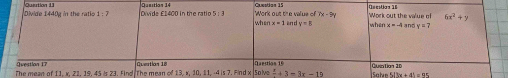 Solve 5(3x+4)=95